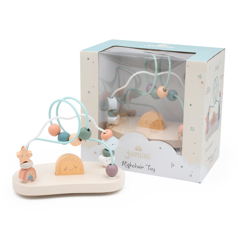Wooden play gym toy with colorful beads and animals in front of its packaging on a white background