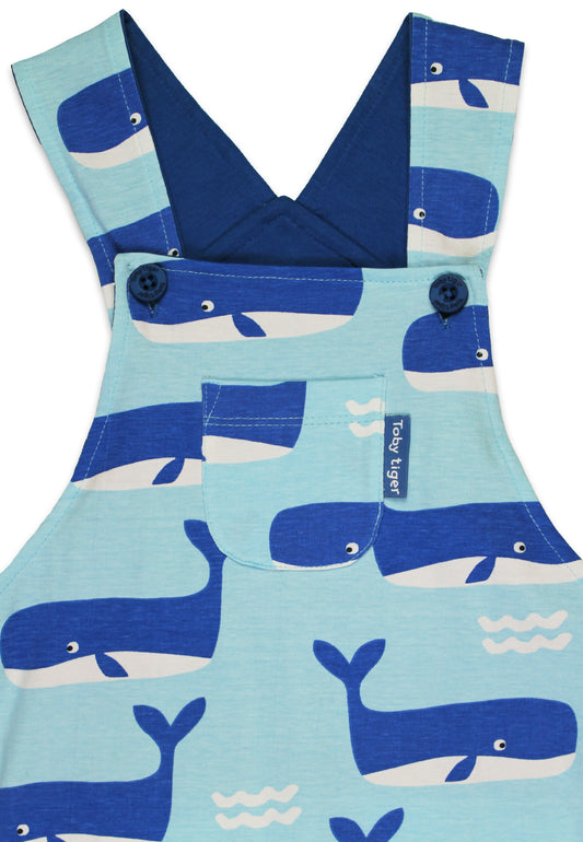 Organic Whale Waves Print Dungaree Shorts | Toby Tiger