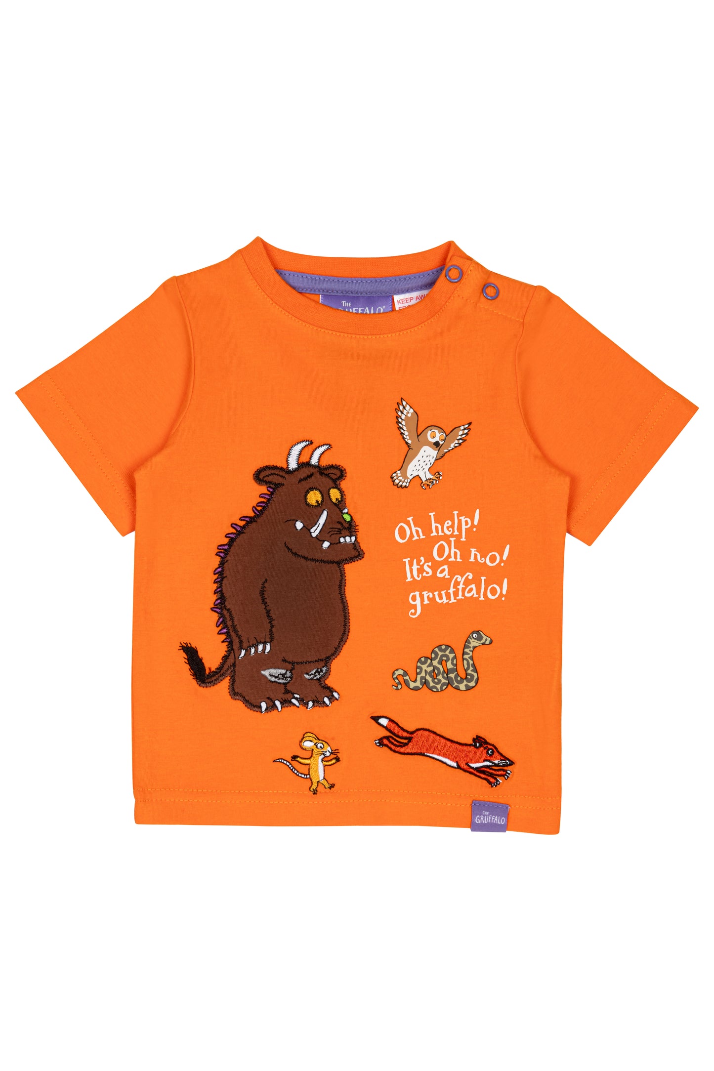 Orange t-shirt with cartoon characters and text on a white background