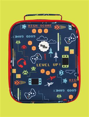 A navy blue padded lunch bag with a red border and top handle, decorated with retro video game graphics including game controllers, spaceships, aliens, scoreboards, and the words 'HIGH SCORE' and 'LEVEL UP!'. The bag is centered on a solid lime green background.