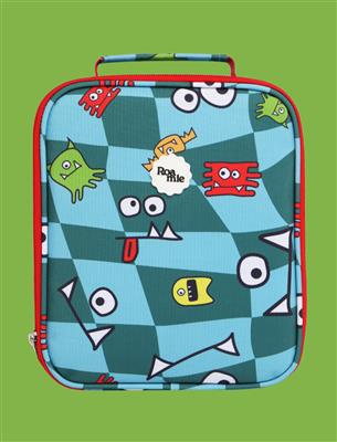 Children's lunch bag with monster design on a green background