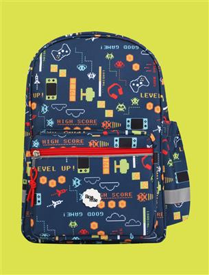 A navy blue backpack with a colorful retro video game pattern, featuring red zippers and text like 'HIGH SCORE' and 'LEVEL UP!' on a solid yellow-green background.