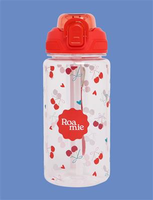 A clear plastic water bottle with a bright red flip-top lid and a red central label reading 'Roamie'. The bottle is decorated with a pattern of red cherries and small pink and red hearts on a white background, set against a solid blue backdrop.