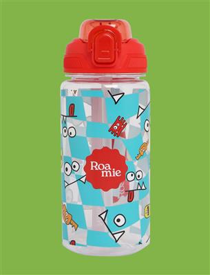 A children's water bottle with a red flip-top lid and a light blue and white patterned body featuring cartoon monster faces and the brand name 'Roa mie' in the center, set against a solid green background.