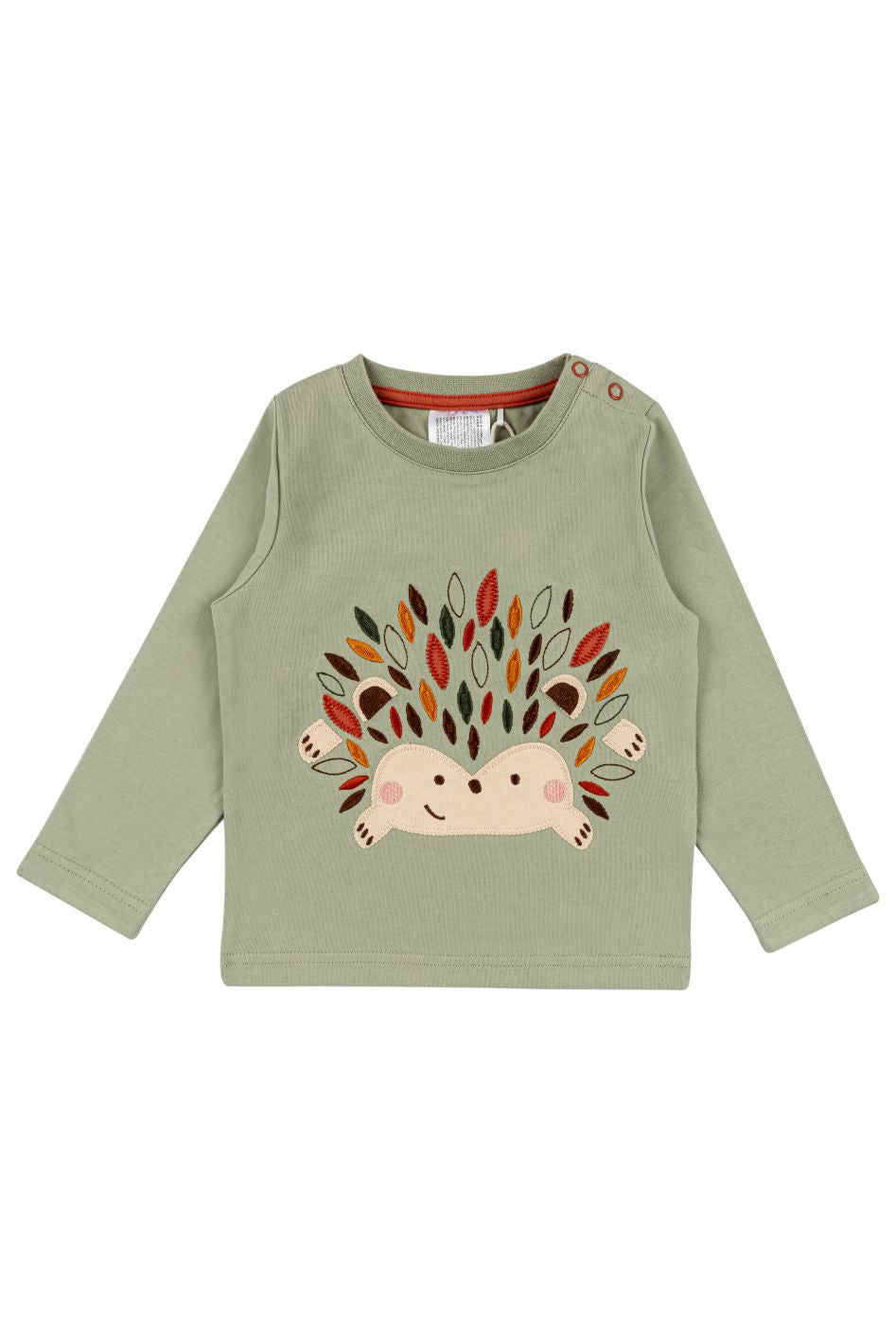 Green long-sleeve shirt with a hedgehog design on a white background