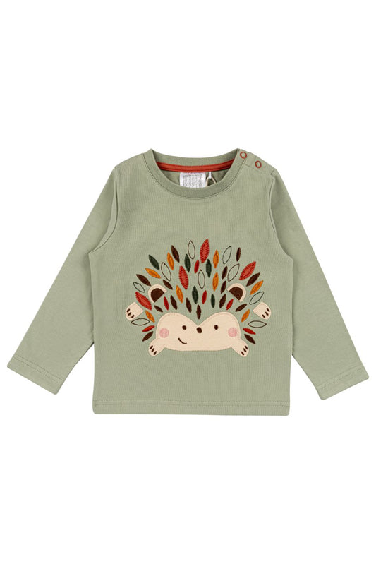 Green long-sleeve shirt with a hedgehog design on a white background