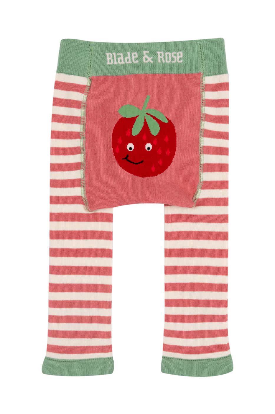 Striped leggings with a strawberry design and 'Blade & Rose' branding on a white background
