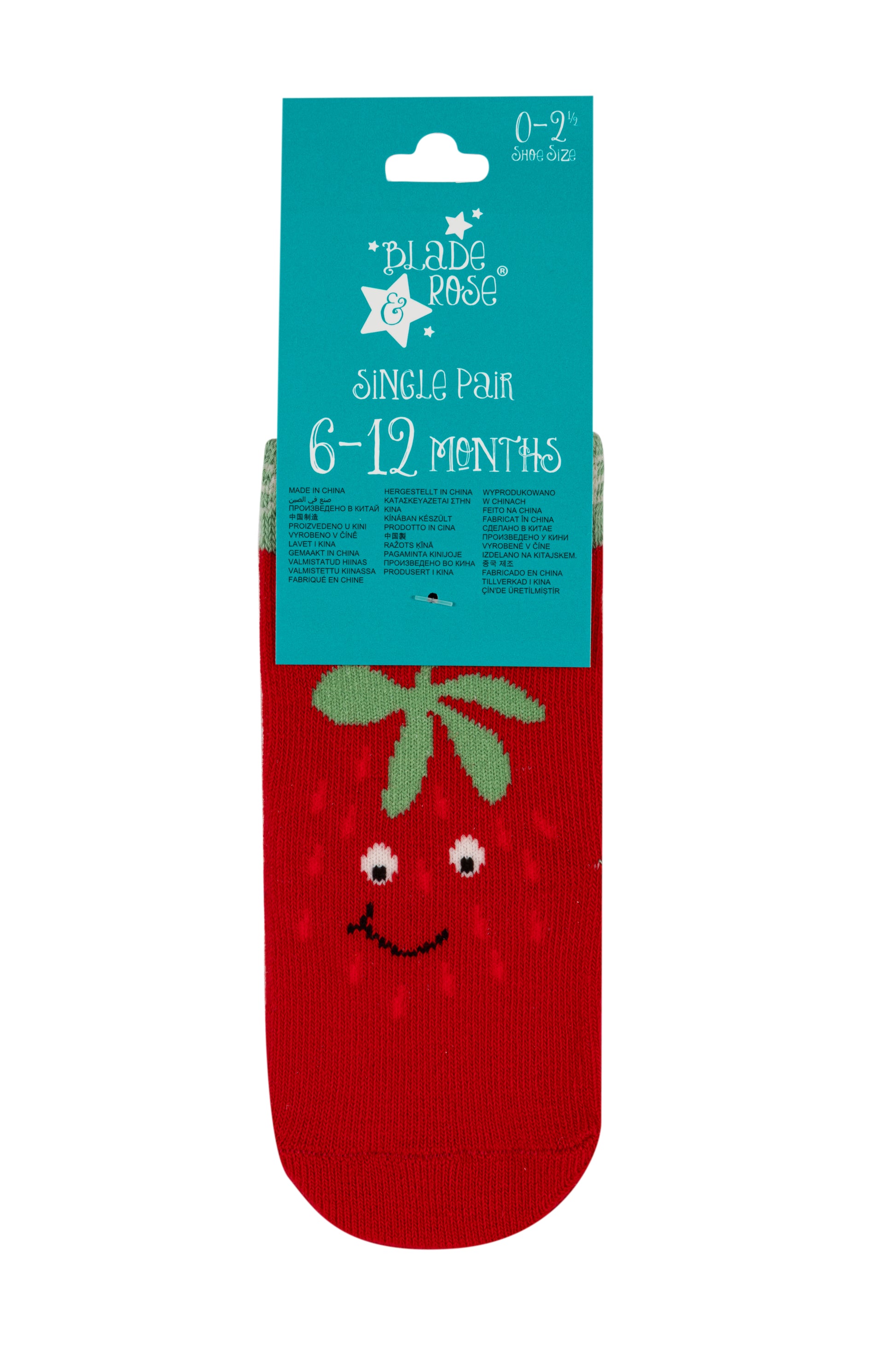 Red strawberry-themed sock with a blue tag on a white background