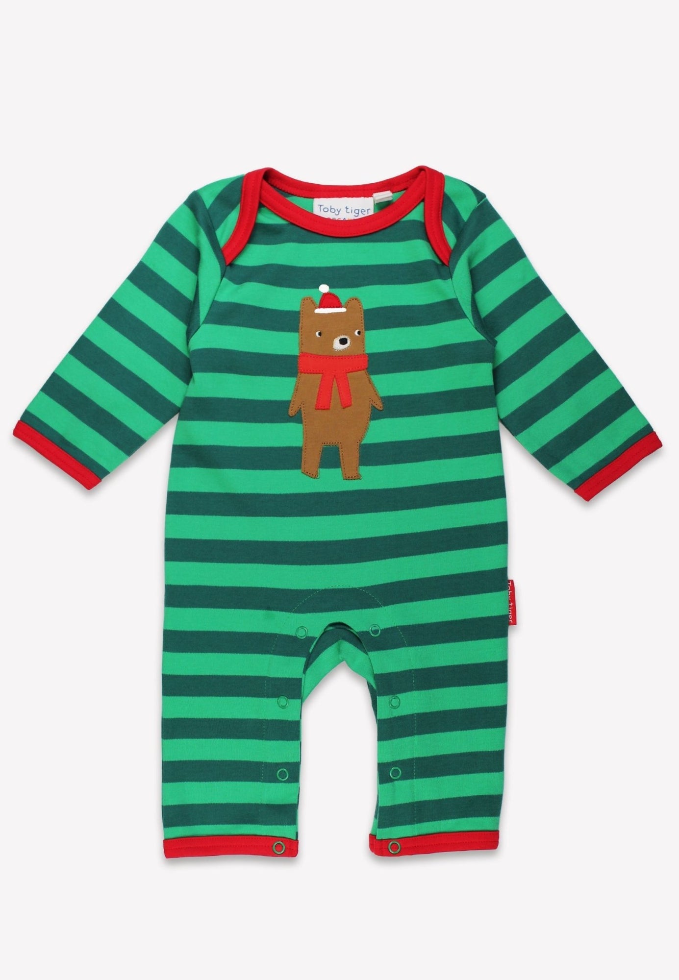 Green and red striped baby romper with a bear design on a white background