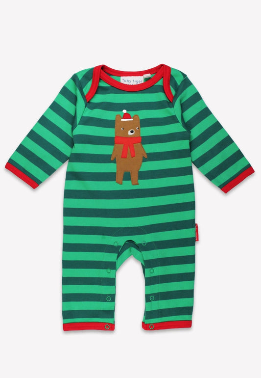 Green and red striped baby romper with a bear design on a white background