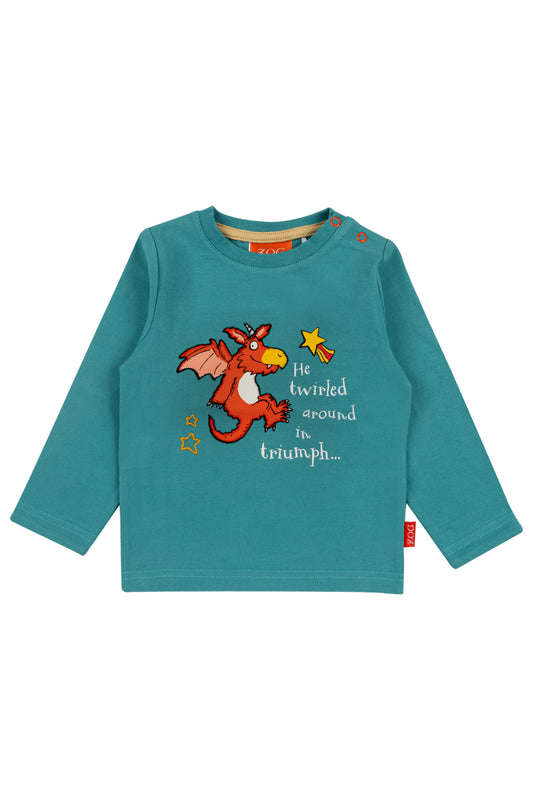 Teal children's long-sleeve shirt with a dragon graphic and text on a white background